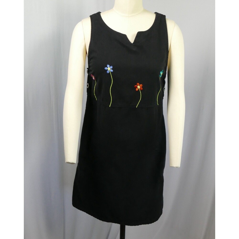 Talbots Y2K grunge Black Dress Women Floral Embroidered Sleeveless Shift Dress